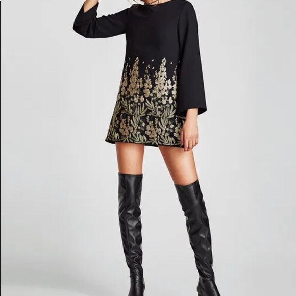 ZARA | BLACK LONG SLEEVE MINI DRESS WITH GOLD EMBELLISHED EMBROIDERY - Picture 8 of 10